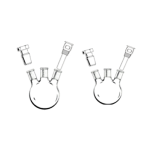 Flask Boiling Round / Flat Bottom Heavy Wall Three Neck with Thermometer Pocket. Center Neck & Two Angled Side Neck with Fitted Thermometer Pocket for One Side Neck Joint